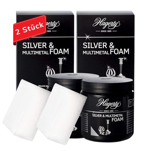 Hagerty Silver & Multimetal Foam - Limpiador de espuma (2 unidades, 185 g cada uno), pasta de cuidado eficaz para metal plateado, estaño, acero inoxidable, cromo, limpiador para un brillo renovado,