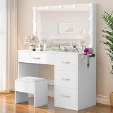 DWVO Makeup Vanity with Power Strip, Adjustable Lighting, and 4 Drawers
