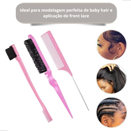 Kit Pente Escova Separador de Mechas Pente Cabo metálico Lace escovinha Baby Hair