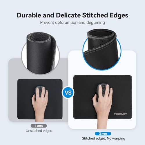 TECKNET 4 Pack Mouse Pad with Anti-fray Stitching, Waterproof Surface & Non-Slip Rubber Base with Stitched Edges Gaming Mouse Mat for Laptop, Compatible with Laser and Optical Mice - Black