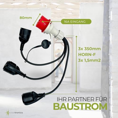 SOLARTRONICS CEE Adapter 400V Stecker 16A auf 3X Schuko Kupplung – Stromverteiler 230V Steckdosen Verlängerung Baustrom