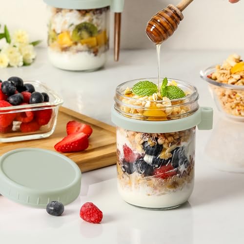 Image of LANDNEOO 4 Pack Overnight Oats Containers with Lids and Spoons, 16 oz Glass Mason Jars with Airtight Lids, Overnight Oats Jars for Milk, Cereal, Fruit-Green
