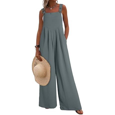 Women's Casual Loose Overalls Jumpsuit, One-Piece Sleeveless Wide Leg Long Pant Romper with Pockets