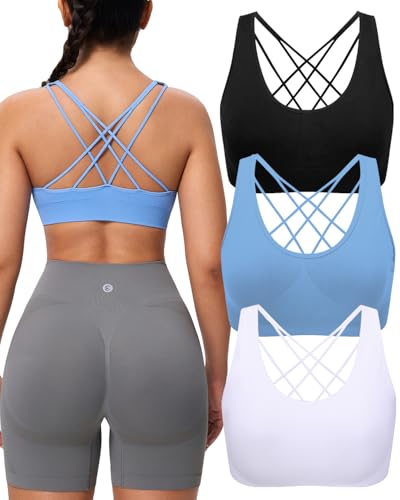Image of Women's Cross Back Sport Bras, Seamless Padded Strappy High Support Yoga | Removable Pads, 4-Way Stretch, A-DD Cup, Full Coverage, Scoop Neck, Cropped Bra, Sweat-Wicking, Pull-on, for Yoga Gym Workout