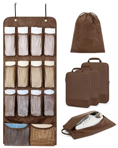BAGSMART Hanging Compression Packing Cubes for Closet Organizers And Storage 6 Set Suitcase Organizer Bags Set Cruise Travel Essentials for Women Mocha Brown