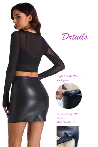 Women's Black Leather Skirts High Waisted High Side Slit Bodycon Mini Skirts4