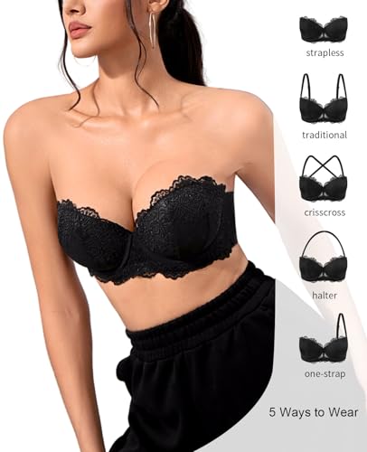Image of Women's Strapless Push Up Bra Convertible Multiway Lace Padded Underwire Bras with Clear Straps
