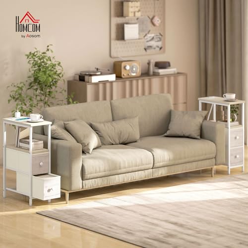 HOMCOM Juego de 2 Mesas Auxiliares con Enchufe, Mesitas Auxiliares Estrechas con Toma AC, Puerto USB, Puerto USB-C, 2 Cajones de Tela, Estante Abierto, para Salón, Dormitorio, Natural - imagen 2