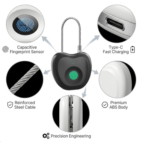 Bstsilver Fingerprint Padlock, Larger Sensor &20-User, 6.2" Flexible Cable Keyless Biometric Lock with Emergency USB Key & Code for Gym Locker, Luggage, Backpack, School, Dorm, Office, Travel & Indoor — view 4