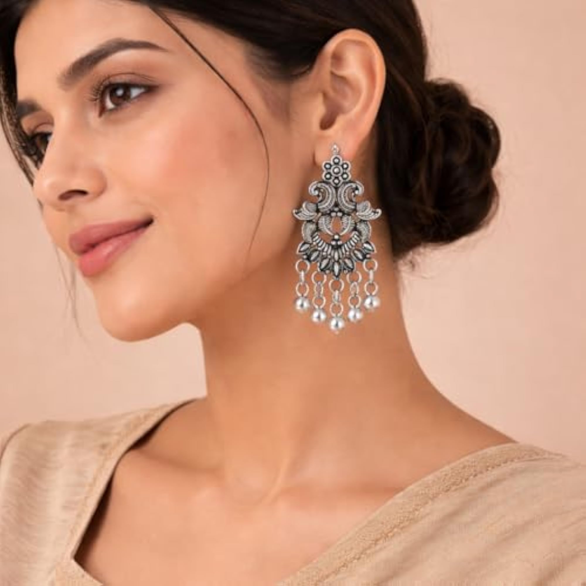 Stylish Oxidized Jhumka & Pearl Beaded Hoop Earrings