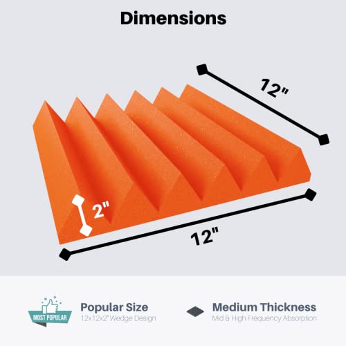 Soundproofing Acoustic Studio Foam - Orange Color - Wedge Style Panels 12”X12”X2” Tiles - 4 Pack #TOP2