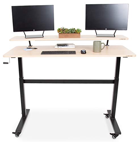 Stand Steady Tranzendesk | 55 Inch Standing Desk With Clamp On Shelf & Detachable Wheels | Crank Height Adjustable Sit To Stand Workstation | Monitor Riser Supports 3 Screens (55 In / Maple) #TOP6