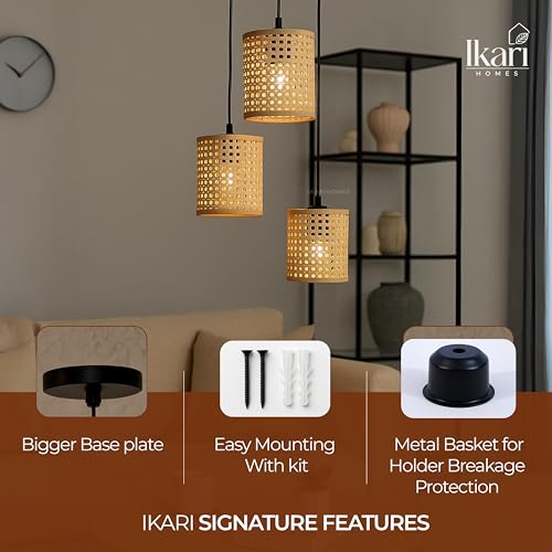 Image of Ikari Homes Rattan Chandelier 3 in1 Pendant Light, Natural Beige, Boho Style, E27 Base, Chandelier for Living Room I Dining I Bedroom I Balcony I Adjustable Wire - (Bulbs not Included) (Hex Mesh)