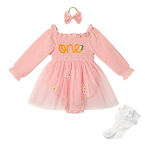 Miipat Bebé Niña 1er Año Cumpleaños Vestido Manga Larga Primer Cumpleaños Abitini Fotografía Ropa Conjuntos con Banda de Cabezay Calcetines 9-12 Meses