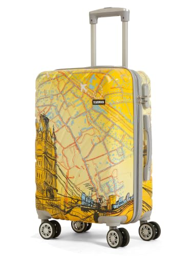 Image of Teakwood Premium Polypropylene Hard Case Printed Trolley Bag, Lightweight Unbreakable Luggage, 360 Dual Spinner Wheels, Side Combination Lock, Smooth Glide, Yellow, Small