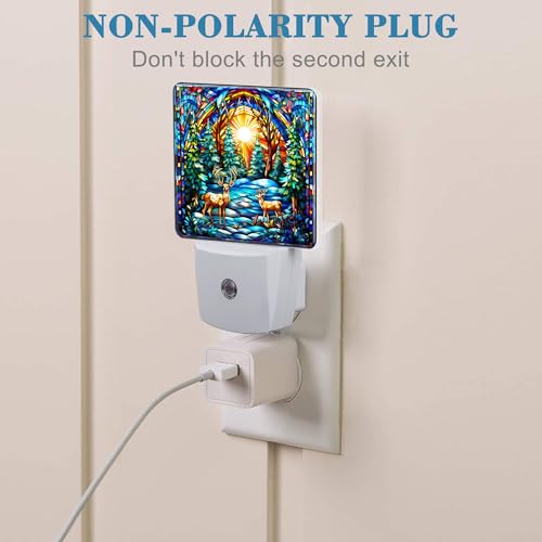 Image of Plug in Night Lights Christmas Stained Glass Deer Nightlight Plug Into Wall Dusk to Dawn Sensor LED Night Light for Kid Girls Boys Women Room Decor,Hallway,Kitchen,Bathroom,Nursery,Stairs