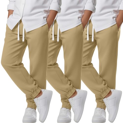 Oakgarden 3 Pack Boy's Uniform Joggers Cotton School Pants with Drawstring and Side Pockets Athletic Pants 6-16 Years(14-16 Years,Khaki, Khaki, Khaki)