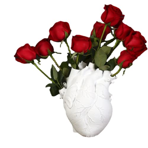 6 Inches Creative Anatomical Heart Vase Heart Shaped Decor Resin Flower Pot Modern Unique Nordic Art Style Decorative Vase for Desktop Home Decoration Wedding Valentines Day Gift (White)