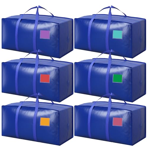 Image of 6 Pack Moving Bags with Full-Open Side Zipper, Extra Large 93L Heavy Duty Waterproof Foldable Storage Totes for College Dorm, Moving & Home Organization,Blue