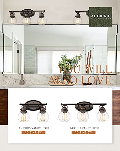 Image of 3-Light Farmhouse Bathroom Vanity Light Over Mirror | Oil Rubbed Bronze Vanity Lighting Fixture with Globe Clear Glass, Metal Frame, Wall Mounted, AD-2148-3W