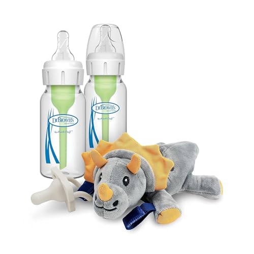 Dr. Brown's Natural Flow Options+ Anti-Colic Glass Baby Bottles, 4oz 2-Pack and Lovey Pacifier and Teether Holder, Soft Triceratops, 100% Silicone HappiPaci, 0+ Months
