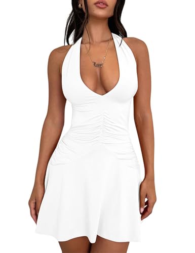 Image of BEAGIMEG Women's Sexy Sleeveless Halter Backless Deep V Party Cocktail Club Mini Dress