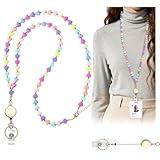 Retractable Lanyards for ID Badges, Teacher Badge Lanyards for Women, Cute Beaded Neck Key Lanyards for Cruise Ship Cards with Breakaway (Rainbow Hearts)