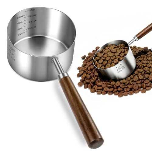 Aosnare Stainless Steel Dog Food Scoop 1 Cup Dog Food Measuring Cup With Measuring Lines (Cup/ML) & Long Wooden Handle Metal Pet Food Scoop For Dogs Cats and Kitchen Use Dishwasher Safe
