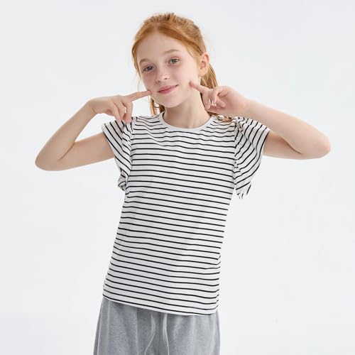 Girls Summer Shirts Kids Striped Ruffle Sleeve T Shirts Crew Neck Casual Tops Cute Short Sleeve Tees 5-14 Years2