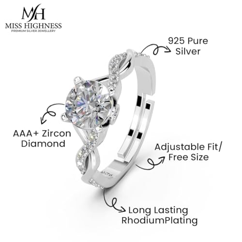 Image of Miss Highness 925 Sterling Pure Silver Ring for Women, Solitaire Rings, Adjustable Size, Daily Wear Silver Jewellery with Certificate of Authenticity, Birthday, Anniversary, Gift for Wife & Girlfriend