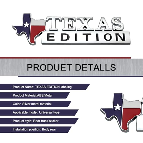 Image of 2 PCS Texas Edition Emblem, Texas State Flag Shape, 6.3 inch x 1.9 inch ABS 3D Car Badge, Self-Adhesive Decal for Fender, Side Door, Universal Fit for Cars, Trucks, SUVs (Silver)