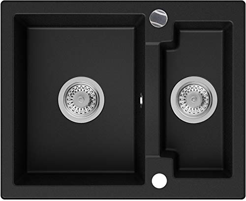 Granitspüle Schwarz 59,5 x 48,5 cm, Spülbecken + Siphon Automatisch, Küchenspüle ab 60er Unterschrank in 5 Farben mit Siphon und Antibakterielle