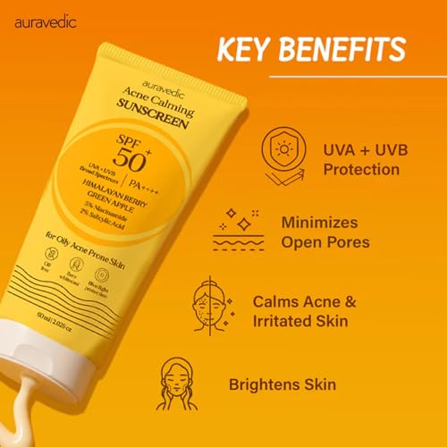 Image of Auravedic Acne UV Sunscreen SPF 50 PA++++ for Acne Prone Oily Skin with Himalayan Berry Green Apple Gotu Kola Niacinamide 2% Salicylic Acid Pore Minimizing Non Greasy No White Cast Cream
