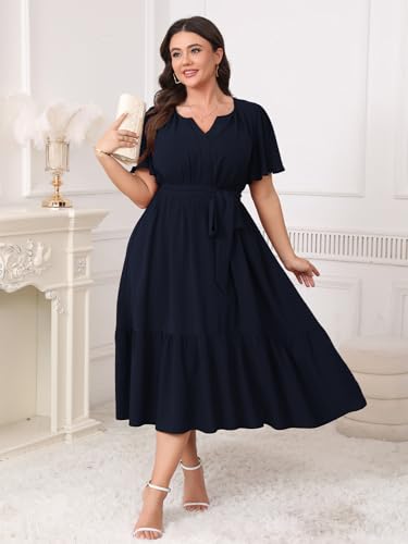 Image of Womens Plus Size Wedding Guest Dresses Summer V Neck Short Sleeve Belted Ruffle Hem A-Line Flowy Midi Dress