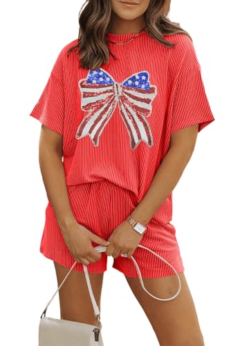 Image of Womens Pajama Sets 2 Piece Pjs Sleepwear Soft Comfy Short Sleeve Tops and Shorts Lounge Set Loungewear Outfit