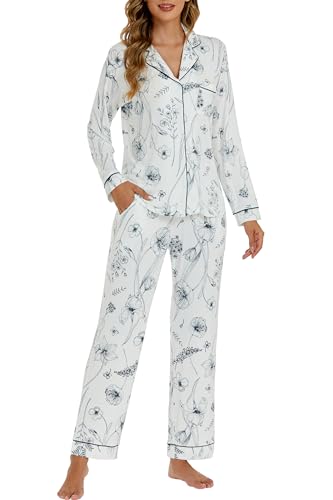 Image of LUBOT 100% Cotton Pajamas for Women Pajama Set 2 Piece PJ Sleepwear Set Soft Ladies Button Knit Long Sleeve Loungewear XS-XXL
