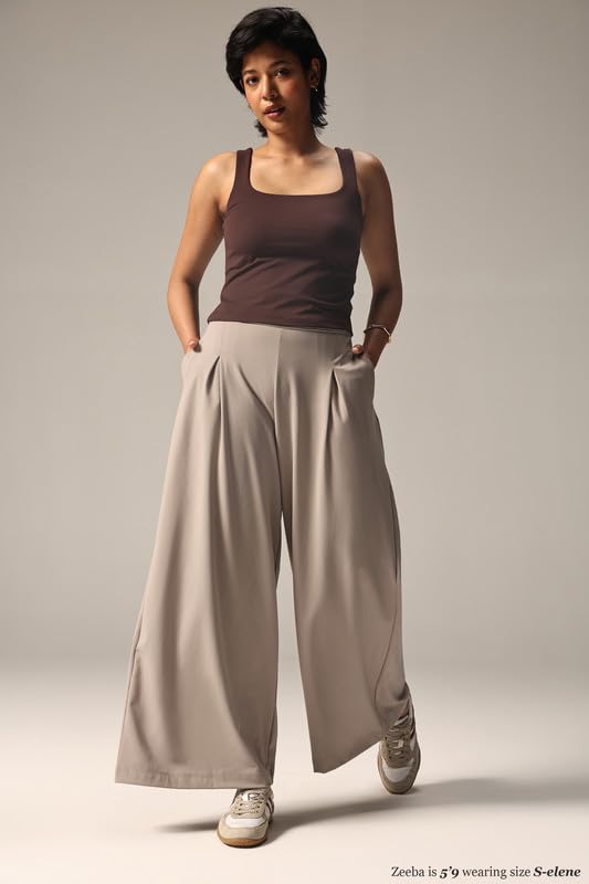Image of BlissClub Womens Cloud Box Pleat Pants - Regular Wide-Leg Korean Style Pants Lightweight 4-Way Stretch Trousers with Deep Pockets (for Women Upto 5'4)