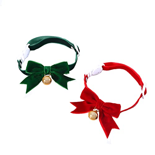 BT Bear Pet Christmas Collar,2PCS Handmade Velvet Pet Christmas Bow Tie Collars for Cats Puppy Small Dogs (Red+Green)