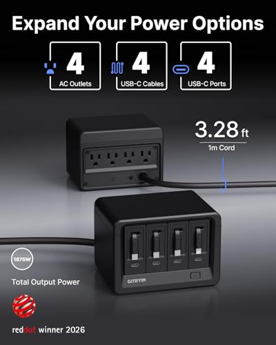 Image of Gitryin 12-in-1 Desktop Charging Station with 4 Retractable Type-C Wall Chargers, 40W USB-C Power Strip with Flat Plug, Extension Cord with 1020J Surge Protection for Home Office