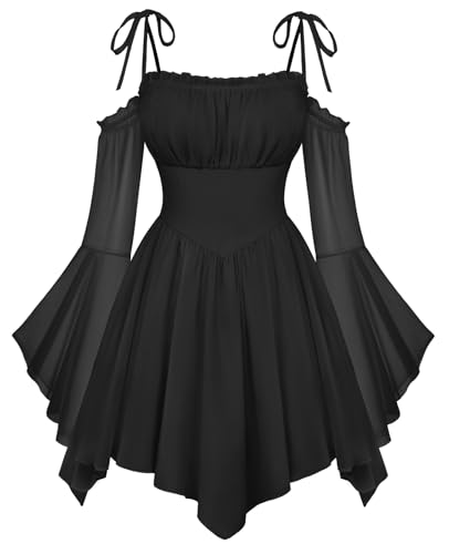 Scarlet Darkness Womens Renaissance Fairy Dress A Line Boho Off Shoulder Corset Dress with Pockets Black L