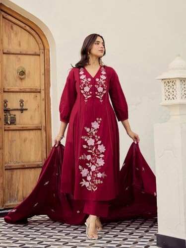 Image of ANNI Designer Kurta Set for Women Viscose Embroidered | Kurti Set for Woman | A Line Kurta Palazzo Dupatta 3 Piece Outfit | V Neck 3 /4 Sleeve Regular Fit Ethnic Dress Stylish Clothing