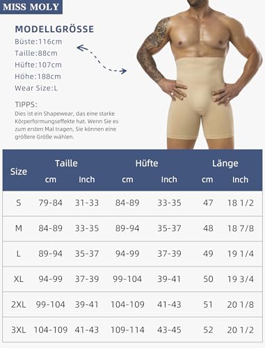 MISS MOLY Shapewear Boxershorts Herren Hohe Taille Kompressionsshorts Nahtloses Figurformende Unterwäsche Herren Body Shaper Bauch Kontrolle Bauch Weg Retroshorts(Beige,L)