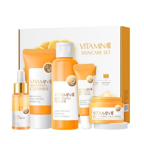 Vitamin C Hautpflege-Set 5-in-1 mit Reiniger, Toner, Serum, Augen- und Gesichtscreme, Hautpflege-Set für Teenager-Mädchen, Reisegröße für Frauen im Teenageralter (Vitamin