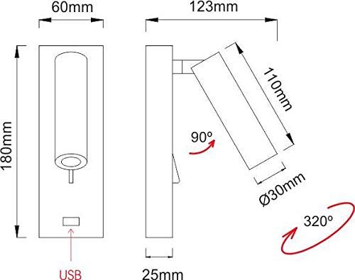 Aplique LED orientable 4W 230V negro con USB foco lectura para pared 2