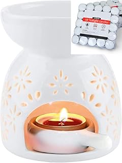 ZEEWIZZ Wax Melt Essential Oil Burner (with 50 tea candles) - Star Pattern, Ceramic Aroma Assorted Wax Warmer Aromatherapy Tarts Holder Candle Scented Diffuser Home Bedroom Decor