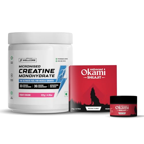 Wellcore Creatine Powder with Shilajit Resin (Creatine 122g Fruit Fusion & Shilajit Resin 20g) Sourced From 1800ft. | Performance and Stamina Booster | 100% Ayurvedic | Enhanced Muscle Strength |