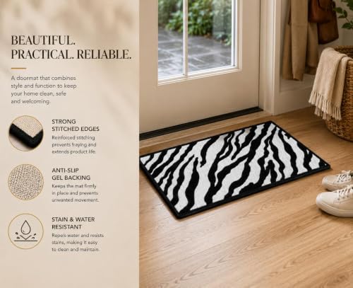 Image of Matz&More Zebra Print Door Mat 40 x 60 cm | Anti-Slip Nylon Tufted Indoor Floor Mat with Rubber Backing | Decorative Entrance, Bedroom, Bathroom, Kitchen & Kids Room Rug | Black & White