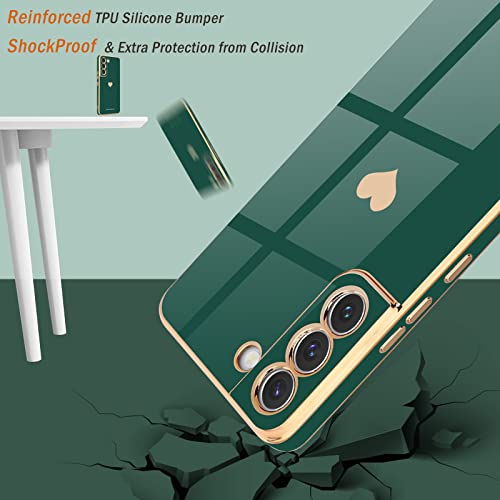 Teageo for Samsung Galaxy S22 5G Case - Cute Love-Heart Luxury Bling, Soft Silicone, Shockproof, Camera Protection, Darkish Green