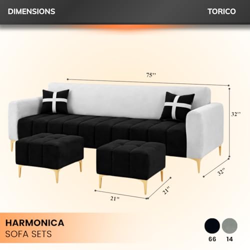 Image of Melody 3 Seater Modular L Shape Sofa Set with 2 Ottoman | Soft Velvet Upholstery, Sturdy Wooden Frame | Modern Sofa for Living Room, Hall & Office Spaces (Black-Light Grey)
