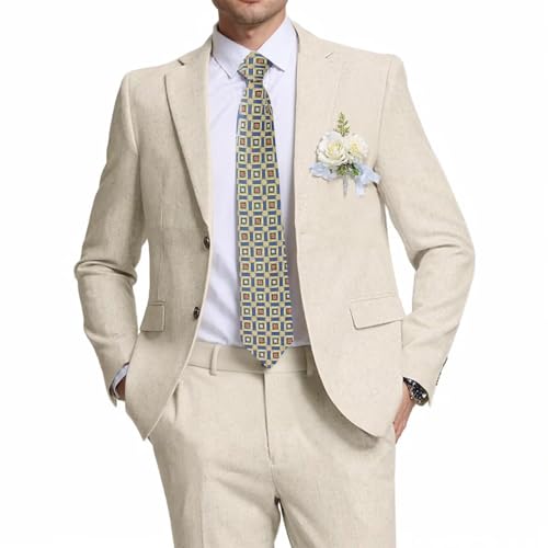 Wehilion Men's 2 Piece Linen Suits Slim Fit Casual Summer Beach Wedding Dress Tux Prom Lightweight Blazer Jacket and Pants